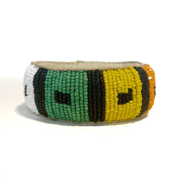Handmade African Beaded Bracelet Bangle Green Yellow Orange White Black Leather - Picture 2 of 10